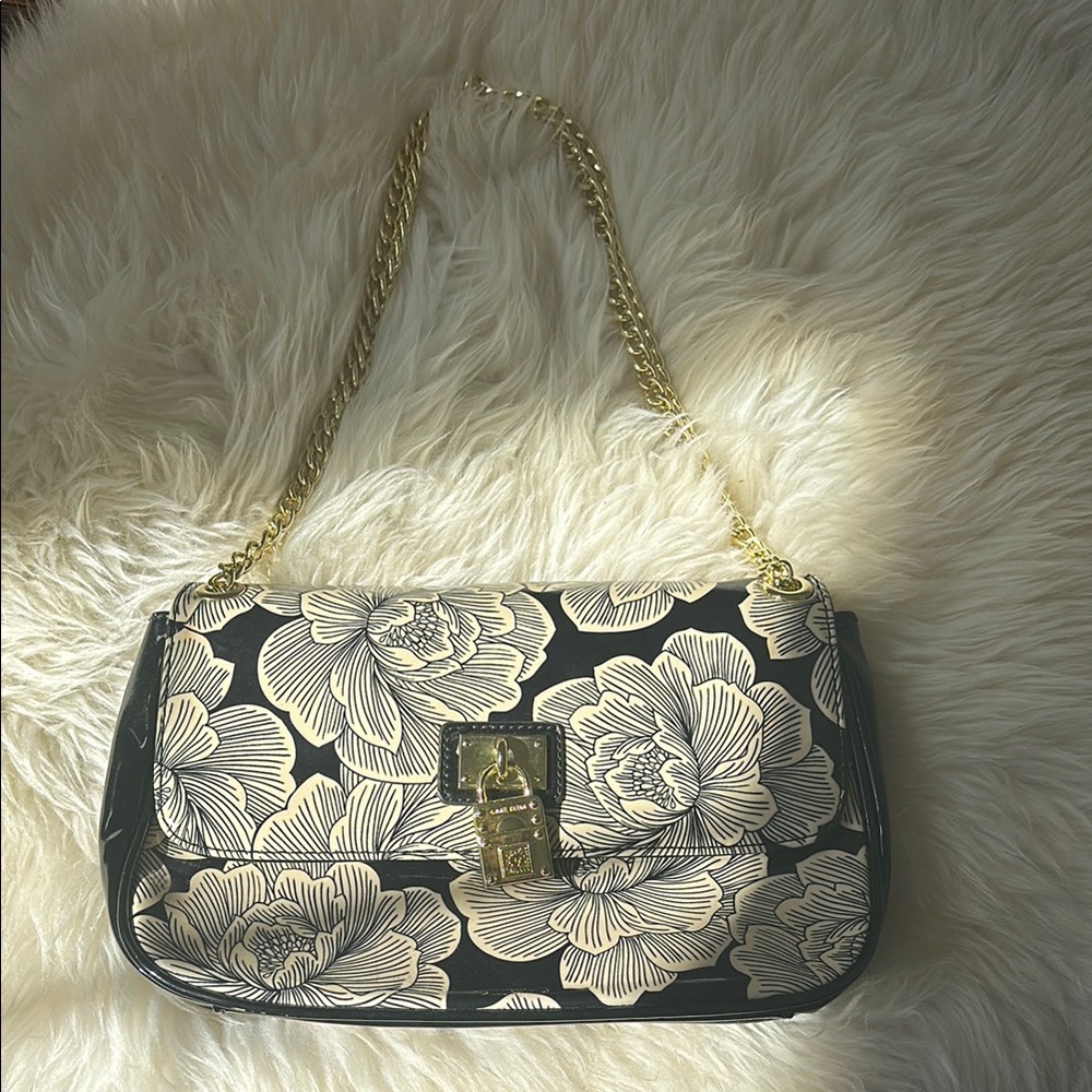 Anne Klein Sophisticated Black and Cream Floral Shoulder Bag with Gold Chain